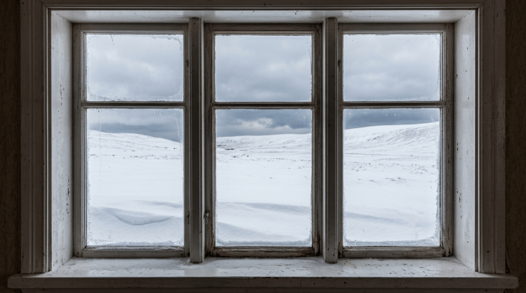 View of snow-covered hills through an aged white window frame with condensation on glass